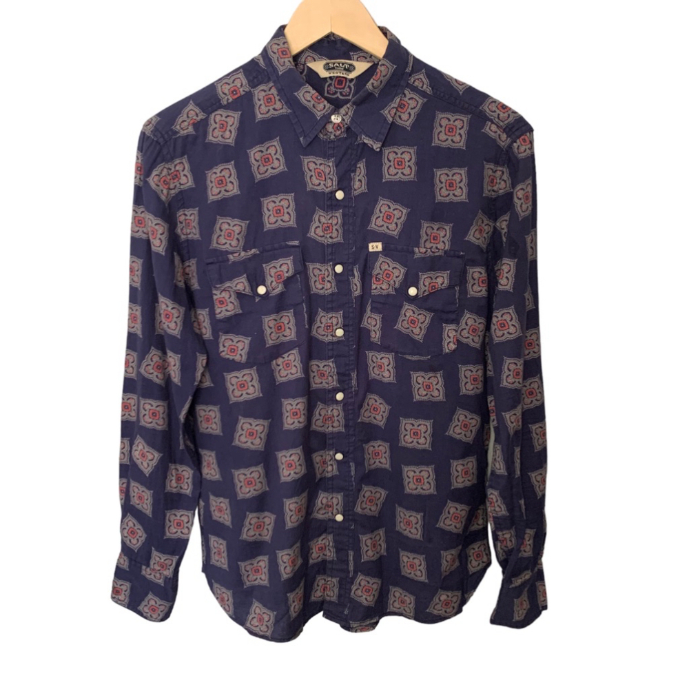 SALT VALLEY WESTERN Blue‎ Long Sleeve Pearl Snap Button Down Shirt Men Small